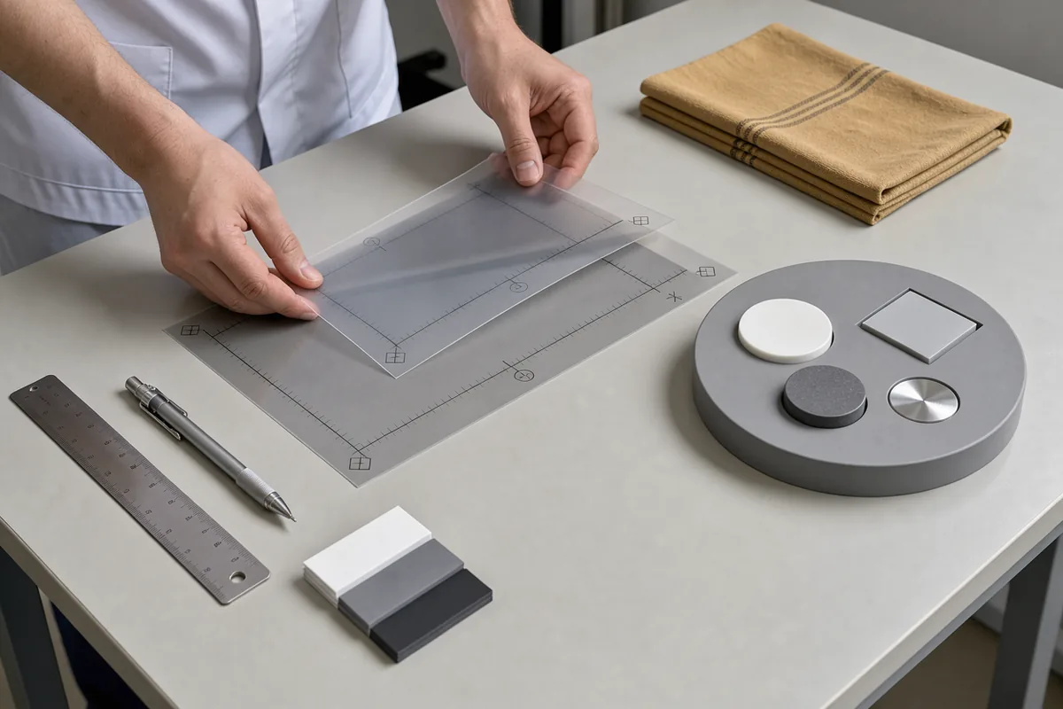 Hands hold translucent grey sheets beside a circular calibration phantom on a pale worktable.